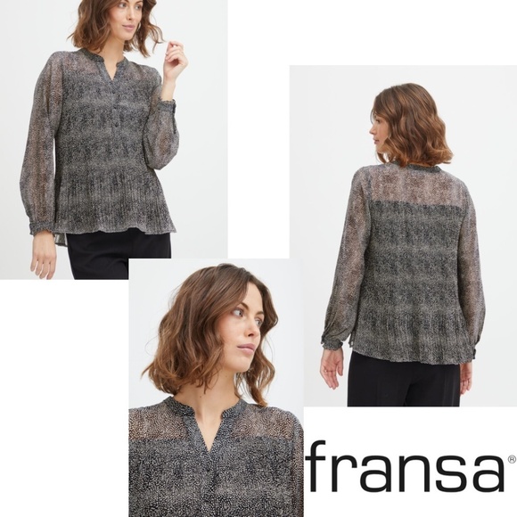 NWOT Fransa Plisse Black/Cream Abstract Print Long Sleeve Blouse Size L - Picture 17 of 17